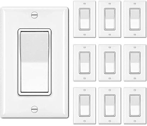 BESTTEN 10 Pack Single Pole Decorator Light Switch with Wallplate, 15A 120/277V, Rocker Paddle Wall Switch, On/Off Interrupter for LED and Other Lamps