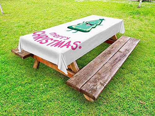 ABAKUHAUS Noël Nappe Extérieure, Arbre en Forme de Biscuit Joyous, Nappe de Table de Pique-Nique Lavable et Décorative, 145 cm x 210 cm, Jade Vert Rose Blanc