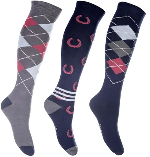 RL24 - Reitsocken Basicline 3er Set – Kniestrümpfe zum Reiten – Damen & Herren Socken – atmungsaktive Reitersocken – Unisex Reitstrümpfe – Reitzubehör in Dunkelblau/Rot & Größe 39-42