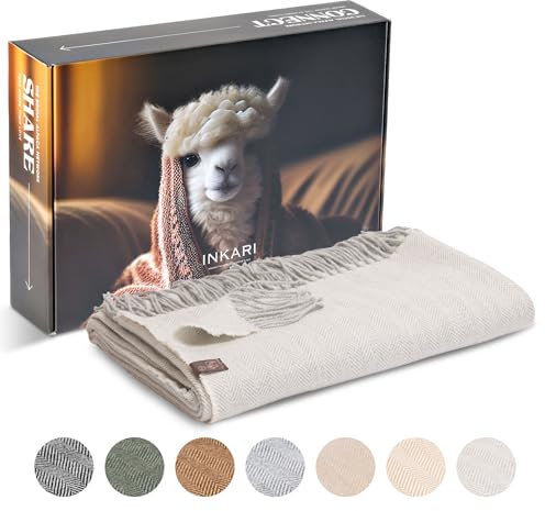 Inkari Alpaka Wolldecke – Kuschelige und Flauschige Decke aus Alpaka und Merinowolle – Perfekt für Sofa, Wohnzimmer und Bett, (Fishbone-Silver), (140 x 210 cm)