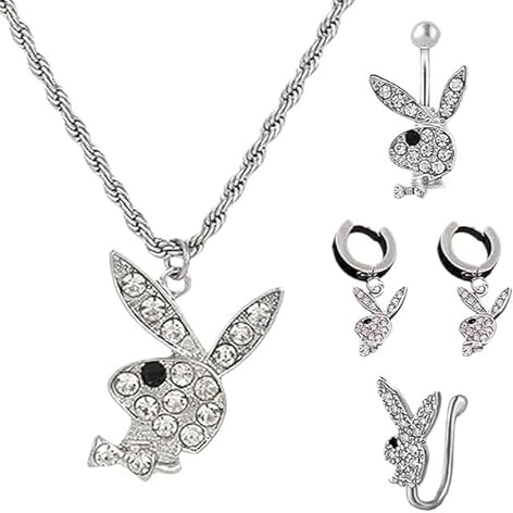 LKHJ Collar Con Colgante de Conejo Para Hombres y Mujeres - Set Plateado de Acero Inoxidable Con Anillos Para El Ombligo y Pendientes