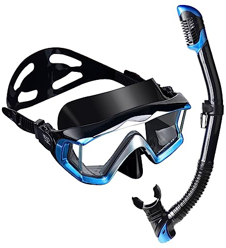 Snorkel Set Pano 3 Adult Snorkeling Gear, Professional Anti-Fog Snorkel Mask Dry Top Snorkel, Tempered Glass Scuba Diving Mask for Freediving, Snorkeling and Swimming(Blue Set)
