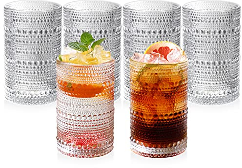 Hobnail Glasses Set of 6 Highball Vintage Drinking Glasses 13OZ Clear Embossed Vintage Glassware Hobnail Glass Cup for Water, Juice,Cocktail, Wine, Beer, Whiskey for Thanksgiving Day, Christmas Gift