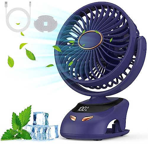 Misilmp Ventilador USB, Pantalla Digital Ventilador Escritorio, Portátil Silencioso 5 Velocidades Ventilador de Escritorio Ventilador con Clip, Ventiladores para Hogar, Oficina, Campamento (Azul)