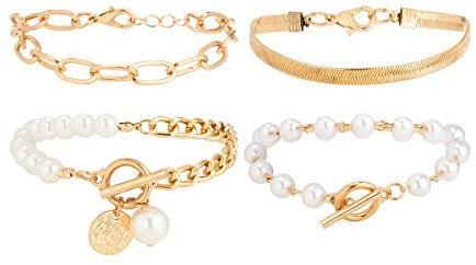 fdsmall Gold Chain Link Armband Set für Frauen - 14K Überzogene Perlenarmband, Schlange Armband, Paperclip Link Kette Armbänder - Stapelbare Trendy Schmuck (01)