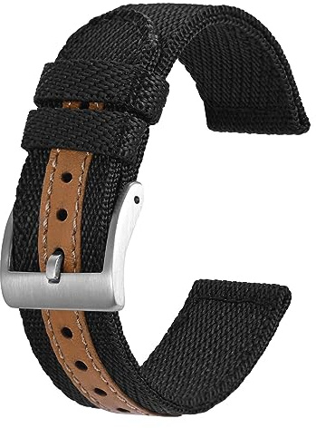 BISONSTRAP Sportliche Nylon Uhrenarmband, Militär Uhrenarmbänder für Herren, 22mm, Schwarz mit Silberne Schnalle
