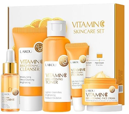 Rosarden Vitamin C Skin Care Set, 5-tlg Gesichtspflege Set Inkl. Cleanser Toner Gesichtscreme Augenserum für Anti Aging Aufhellung Feuchtigkeitsspendendes Hautpflege Set Geschenkset