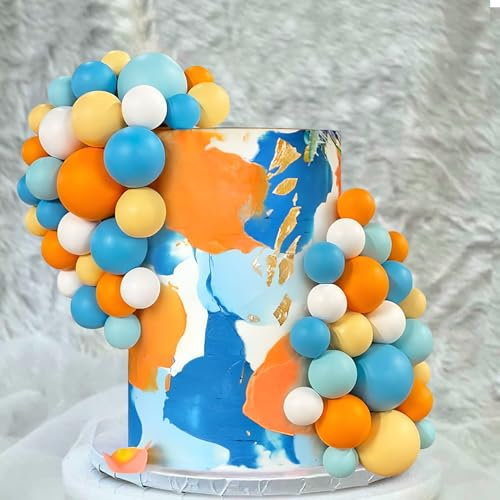Veszoen 108 Pièces Balle Gâteau Topper Boule Decoration Gateau Boules de Décoration de Gâteau Cupcakes Toppers Deco Gateau Anniversaire pour Mariages Fêtes Anniversaire(Orange, Bleu, Blanc)