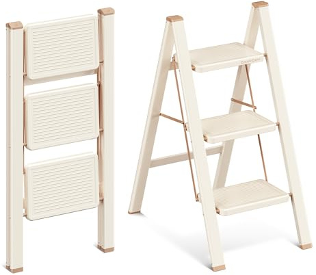 GameGem 3 Step Ladder, 3 Step Stool for Adults, Folding Step Ladder with Secure Footing, Widened Pedal, Aesthetically Pleasing Looking, Blends Right into Domestic Rooms, Cream Chocolate