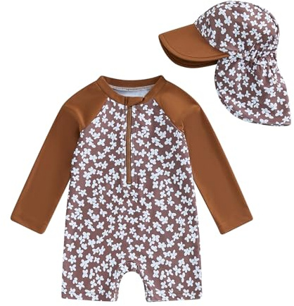 Geagodelia Toddler Baby Girl Swimsuit and Hat Zip Up Long Sleeve All in One Swimming Costume UV Sun Protection Swimwear One Piece Swimming Suit Rash Guard Sunsuit (White Floral Brown, 3-4 Years)