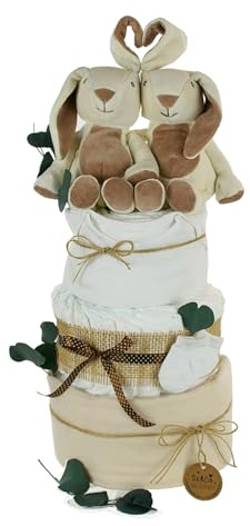 Windeltorte für Zwillinge neutral | 2 x KUSCHELHASE | personalisierbar, creme/natur (4-stöckig, unbedruckt)