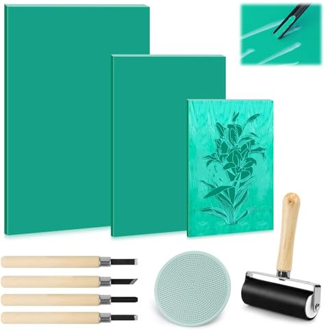 Stempelgummi Linolschnitt 9 STK,Linoleum Platten Linoldruck Set,Gummistempel Schnitzblöcke A4/A5/A6,Linoldruck Starter Kit mit Bildhauerwerkzeugen,für Stempel Selber Machen,Druckgrafiken