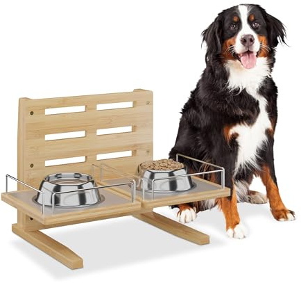 Relaxdays Futterstation Hund, höhenverstellbare Hundebar, HBT: 37x55x36 cm, Napfständer mit Silikonmatte, Bambus, Natur