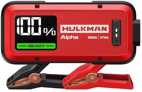 Hulkman Alpha,Ultra Red,1000A 37Wh Jump Starter,10000mAh Power Bank, Portable,12V Jump Box with Jumper Cables,45-Min Full Recharge,24-Month Standby,Easy Start,IP65,LED Display,for 6.5L Gas/3.0L Diesel