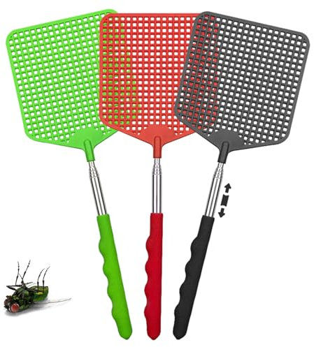 3 Pièces Tapettes à Mouches Extensible, Tapetteà Mouche Coloré, Contrôle des Ravageurs Manuel avec Poignée Télescopique Durable et Robuste, Léger et de Bonne Qualité (Noir, Rouge, Vert)