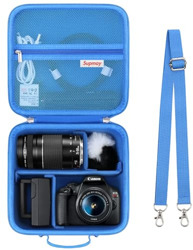 Supmay Hard Reisekoffer für Canon EOS 2000D / R100 / R50 / 250D / R10 / 4000D / 1100D / M50 Mark II Spiegelreflexkamera, Objektiv, Stativ mit 3 Teilen Divider und Schultergurt, Blau