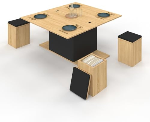 IDMarket - Table Basse relevable Convertible Eden avec poufs Bois et Noir | Rectangulaire, relevable et convertible en table à manger, 100 x 55/110 x 39/51 cm, pied central, bois noir et façon hêtre