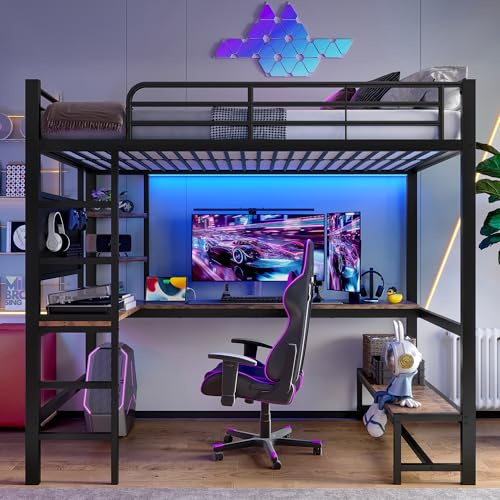 Moimhear Cama alta, marco de hierro, escritorio, barandilla, escalera de mano, varios estantes, con USB + Type-C, con tira LED, con estante perforado, sin colchón (negro, 90x200 cm)