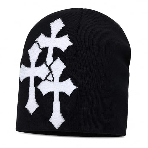 Y2K Beanie for Men & Women Cross Graphic Knitted Hat, Slouchy Winter Warm Cap, Grunge Goth Cyber Aesthetics, Black