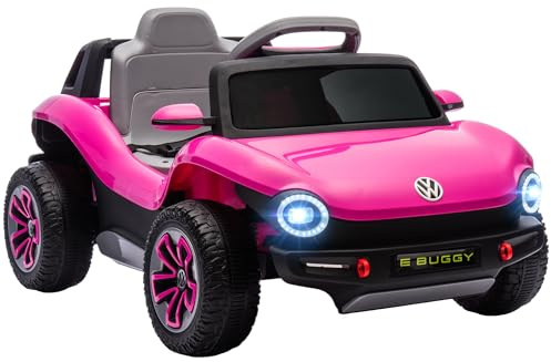 AIYAPLAY Coche Eléctrico para Niños de +3 Años, Volkswagen E-Buggy, Coche de Batería 12V, con Mando a Distancia 2,4 G, Ruedas con Suspensión, Faros LED, Música, USB, Motor Doble, Rosa