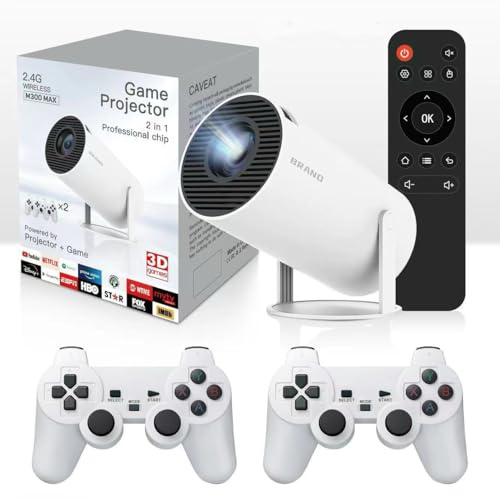 Portable 90s Game Projector whit controllers, 30,000+ Preloaded Games, Android TV 11.0 Smart Projector, 360 ANSI, WiFi & Bluetooth, 1080P HD, Ideal for Home Theater, Gaming, Camping & Outdoor Movie