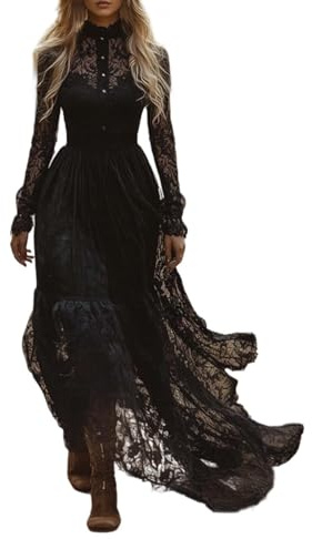 2025 Vestito Medievale Donna Pizzo- Abito Lungo Vintage Manica Lunga Chic Elegante Slim Fit Fluido Stile Casual Pastorale Tinta unita Leggero Temperamento Dress per Spiaggia Cocktail, Nero , S