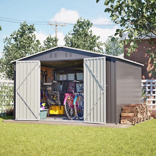 KOMHTOM 10x8 FT Abri de Jardin Métal avec Fondations (Gris-10x8 FT) | Rangement Outils de Jardi, avec Serrure, 4 Aérations, Résistant aux Intempéries, avec Piquets Métalliques