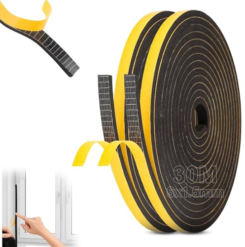 msymsyu 30 m skumtejp självhäftande 3 stycken skumgummi tätning 6 x 1,5 mm skumtejp svart tätningstejp självhäftande för dörrar hushållsapparater ventilationsspår (10 m/rullar)