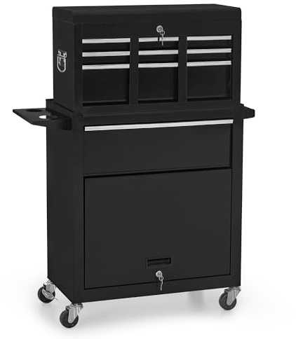 Chariot de Coiffure BarberPub 2 en 1 avec 5 tiroirs et Une Armoire, Chariot de Service avec 2 Supports pour sèche-Cheveux, Chariot de Travail de Coiffure verrouillable, 0097 (Noir-Argent)