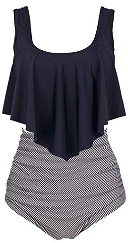 Aidotop Damen Badeanzug Rüschen Zweiteilige High Waist Bikini Retro Sätze mit hoher Taille Bademode Strandkleidung(8black Stripe,L)