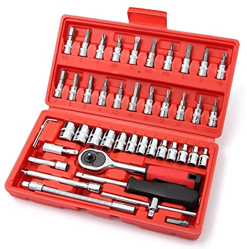 LSLANSOON Juego de 46 llaves de trinquete de 1/4 pulgadas con estuche de almacenamiento, incluye juego de llaves métricas y barra de extensión para reparación de automóviles y mantenimiento del hogar