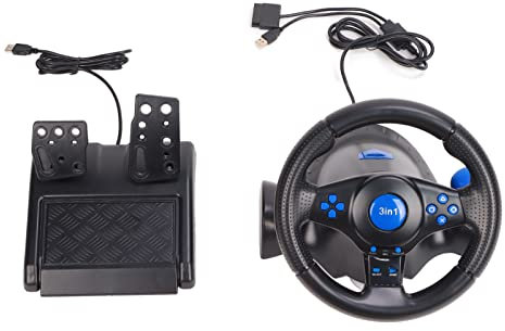 Gaming Steering Wheel, 180 Degree Rotation 3 in 1 Multifunctional Game Racing Wheel, USB Power Supply Steering Wheel with Pedals for PC