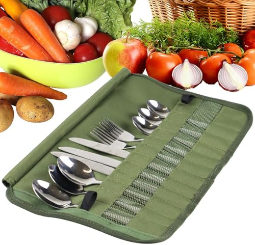 Linsition Multi-Purpose Cutlery Roll Pouch - Camping & Travel, Multi-Function Pouch Holder for Forks, Spoons, Chopsticks