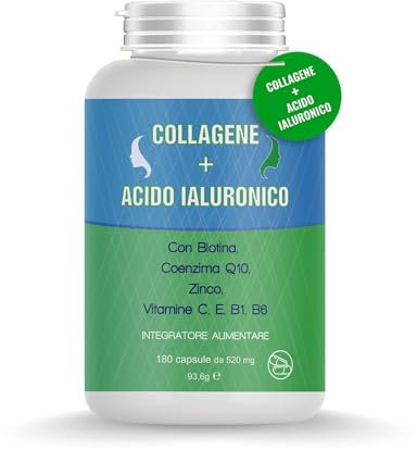 Collagene e Acido Ialuronico Integratore 180 Capsule - collagene integratore Biotina, Zinco e Selenio, 1200mg Collagene Idrolizzato + 150mg Acido Ialuronico e coenzima q10