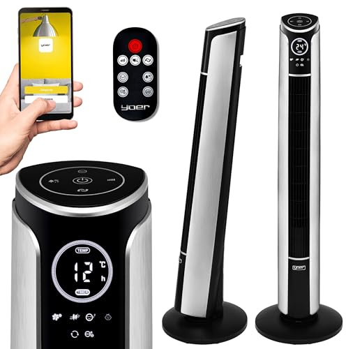 YOER 29dB Leiser Turmventilator, Ionisator, 10 m Reichweite, Neigungswinkeleinstellung, 12 Geschwindigstufen, 4 Modi, 12 Std. Timer, 90° Oszillation, Fernbedienung, Verto TF01S, silber