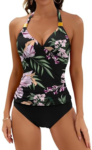 B2prity Halter Tankini Swimsuit for Women Tummy Control Two Piece Bathing Suit V Neck Swimwear with Shorts