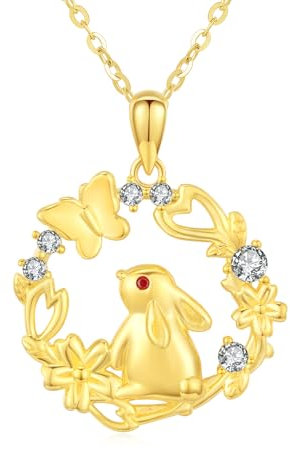 MEDWISE Kaninchen Halskette 925 Sterling Silber Hase Kette Bunny Gold Anhänger Vergoldete Kette Blume Halskette Schmuck für Frau Damen Mädchen Mama Tochter Geschenke Geburtstag