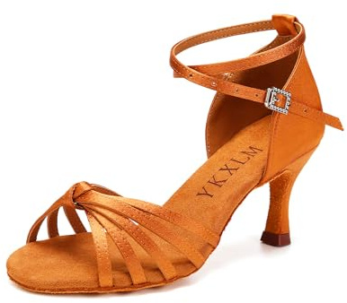YKXLM Scarpe da Ballo Latino Americane Allenamento Donna Salsa Raso Scarpe da Ballo,Tacco 7.5CM,Marrone,35EU