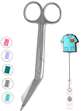 YUME Tijeras Enfermería de Acero Inoxidable con Punta Roma + Llavero Retráctil de Regalo | Tijeras Punta Pico de Pato | Regalos Perfectos para Enfermeras | TCAE accesorios (color plateado)