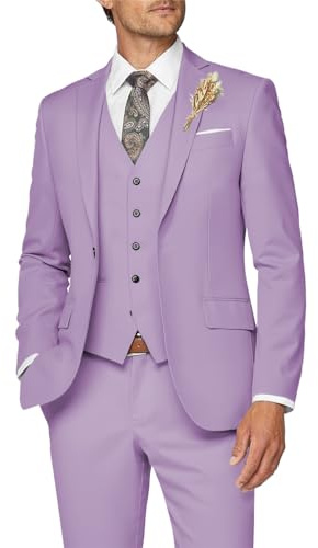 Wangyue - Traje de 3 piezas ajustado para hombre, traje formal de negocios, boda, novio, graduación, esmoquin, cena, fiesta, Púrpura claro, Small