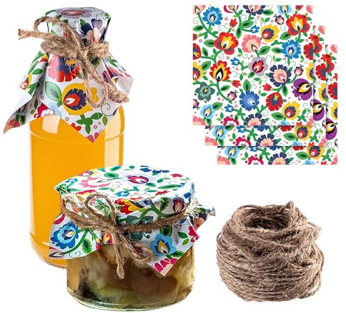 KADAX Centrino decorativo per barattoli, con cordoncino di iuta per marmellate, centrini di carta (fiori, 50 pezzi)