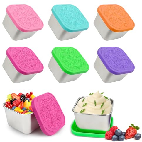 6 piccoli contenitori per alimenti in acciaio inossidabile, 180 ml, impilabili, con coperchi in silicone a tenuta stagna, riutilizzabili, per snack, insalata, condimenti, pranzo, casa e ufficio (6