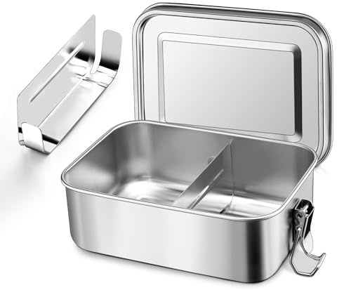 Herogo Lunch Box 1400ML, Stainless Steel Bento Box with 2 Compartments, Bento Lunch Box for Adults and Kids, Metal Bento Box with Removable Dividers, Leak-Proof with Sturdy Lock Clips, Dishwasher Safe