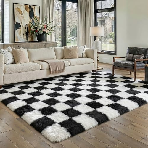 HUGEAR Rutig Hög Lugg Matta Vardagsrum 160x230cm Svart Vit Mjuk Modern Mysig Fluffig Barnmatta Halkfri Tvättbar Stor Mattor Flickor Sovrum Barnrum Lurvig Golvmatta | Vuxenrum flickmattor, mjuka fluffiga stora mattor, sängmatta, halkfria, modern, sovrumsdekoration