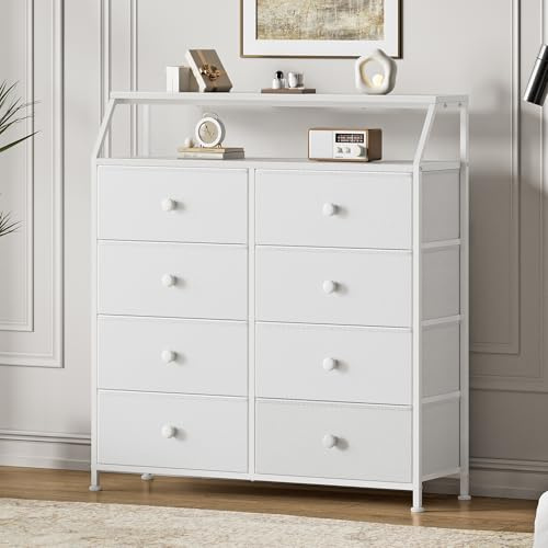 Mossora Chest of Drawers with 8 Drawers, White Dresser for Bedroom with Shelf and 2Pcs Wooden Top, Large Storage Organizer Unit for Closet, Living Room, Entryway