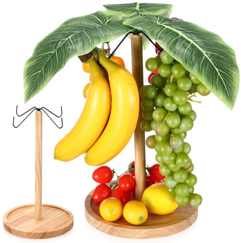 Chunful Banana Holder Banana Hanger Tree with 4 Metal Hooks Decorative Wooden Fruit Bowl Countertop Vegetable Storage Basket Stand, Vertical Storage Rack for Kitchen Dining Room
