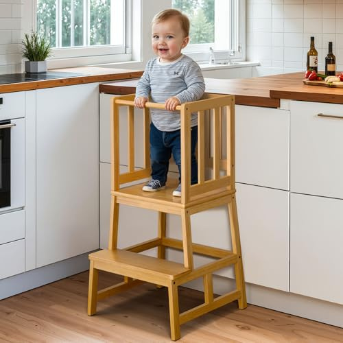 COSYLAND Torre de Aprendizaje Montessori para Niños Mayores de 18 Meses, Estructura Antivuelco y Estable (Natural Bamboo)
