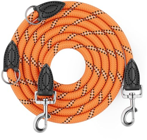 Aystkniet 2 m justerbart hundkoppel för stora och medelstora hundar, robust nylon reflekterande handsfree med 2 karbinhakar, mångsidigt koppel och nackkoppel med 250 kg dragkraft, orange, 12 mm