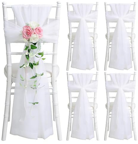BORDEAG - 5 pezzi di nastri per sedie in organza, nastri per sedie per decorazioni da matrimonio, con fiocco, 200 x 150 cm, bianco, per feste, matrimoni, celebrazioni, soggiorno, sala da pranzo