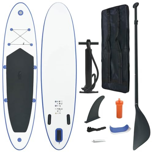 Ordellia Uppblåsbart ställ paddle surfbräda, blå, vit, 390 x 81 x 10 cm, EVA-aluminium, 130 kg lastkapacitet, SUP-bräda för turiing, allround, fritid, nybörjare vuxna, med pump och väska